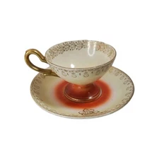 Vtg Gold-Plated Gilt Porcelain Tea Cup And Saucer Red Glow Floral Pattern Japan