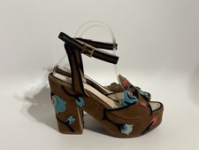 Vtg Prada Brown Floral Suede Platform Sandal Heels 38.5