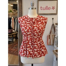 Tulle Red Cotton Silk Geometric Ruffle Twee Blouse XL