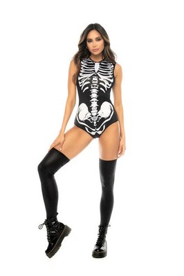 S/M Hooded Bodysuit Sensual Skull Skeleton Costume Halloween Mardi Gra
