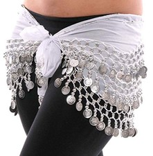 White Belly Dance Hip Skirt Scarf Wrap Belt Hipscarf with Gold Coins US STOCK