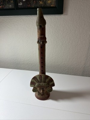 1970 s Aztec Maya handmade hand painted Mexican Folk Art Clay 14 3/4  flute