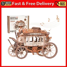 ROKR 3D Wooden Puzzle Stagecoach Music Box DIY Mechanical Model Kits Xmas Gifts