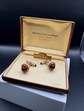 Vtg KREMENTZ 14K Rolled Gold Overlay Red Cabochon Cufflinks Marshall Field BOX
