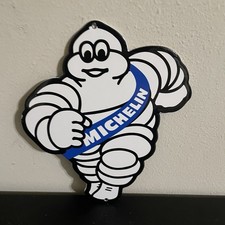 VINTAGE MICHELIN STAY PUFT MARSHMALLOW MAN GASOLINE MOTOR OIL PORCELAIN SIGN
