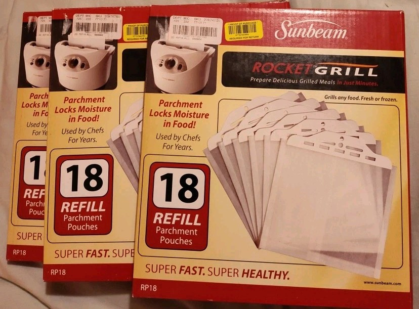 Sunbeam Rocket Grill Parchment Pouches Refills - 192 Bags, Open Box Excellent Condition, Model RP36