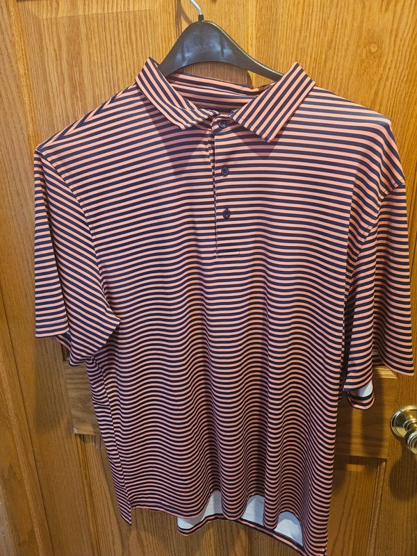 SIZE XL FUSION GOLF (NEW) Coral & Blue Striped Polo Shirt LOT #741