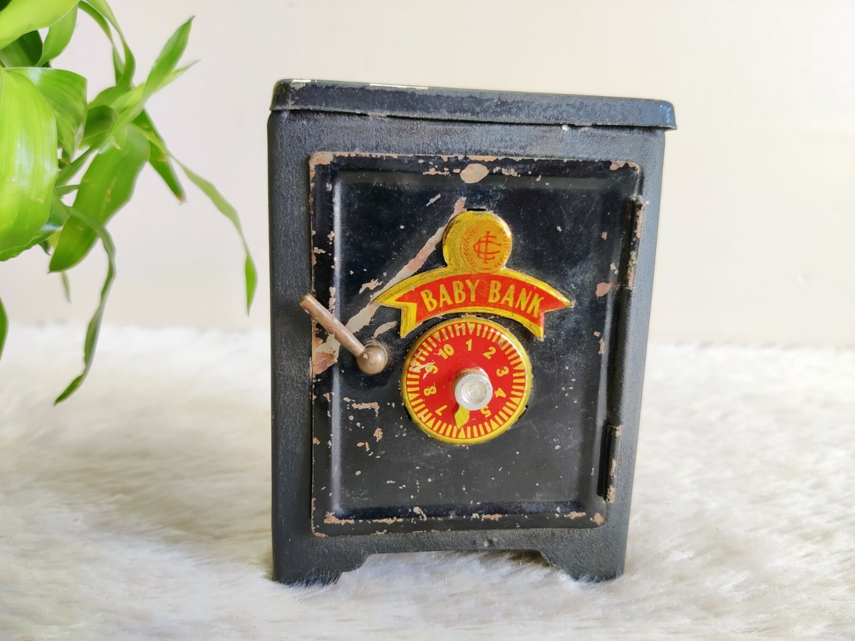 1940s Vintage Baby Bank Tin Safety Money Box Safe Decorative