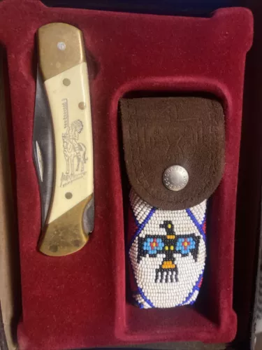SCHRADE U.S.A. TB-1 Thunderbird Scrimshaw Lockback Knife Indian Bird Sheath Vtg.