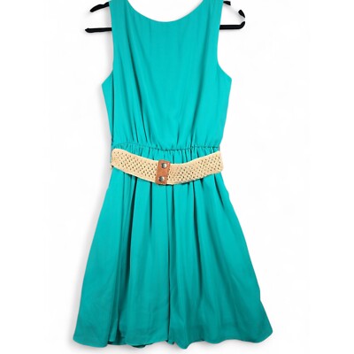 By & By Fit & Flare Dress Sleeveless Pleated Teal Green with Belt Large