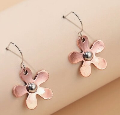 Flower Drop Earrings Copper and Silver Tone Vintage Inspired
