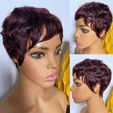 Peluca Bob Corta Cabello Humano Rojo Borgoña Corte Pixie Peluca para Mujeres Negras Corte en Capas
