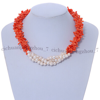 3 Strands Natural Orange Coral Chip Beads White Freshwater Pearl Necklace 20''