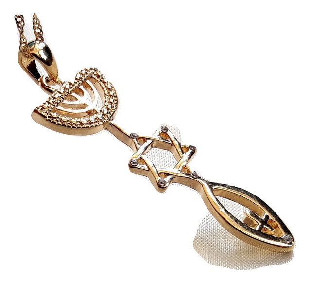 H.quality Chain&pendant gold rhodium.Menorah Star Of David & Fish