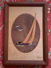 Vintage Hudson River marquetry wood inlay picture "Sailboat" by Nelson