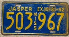 1942 Jasper County Mississippi License Plate 503-967 Vintage Antique WW2 Years