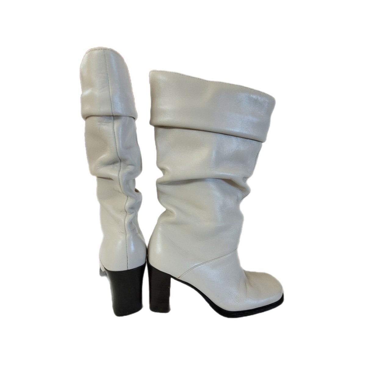White Mountain Women's Ivory Leather Mid-Calf Scrunch Stacked Heel Boots