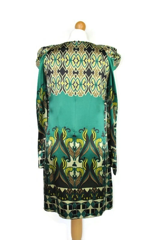 Designer Derhy Stylish Green Art Deco Pattern Silk Embellished Shift Dress S - Image 4 of 4