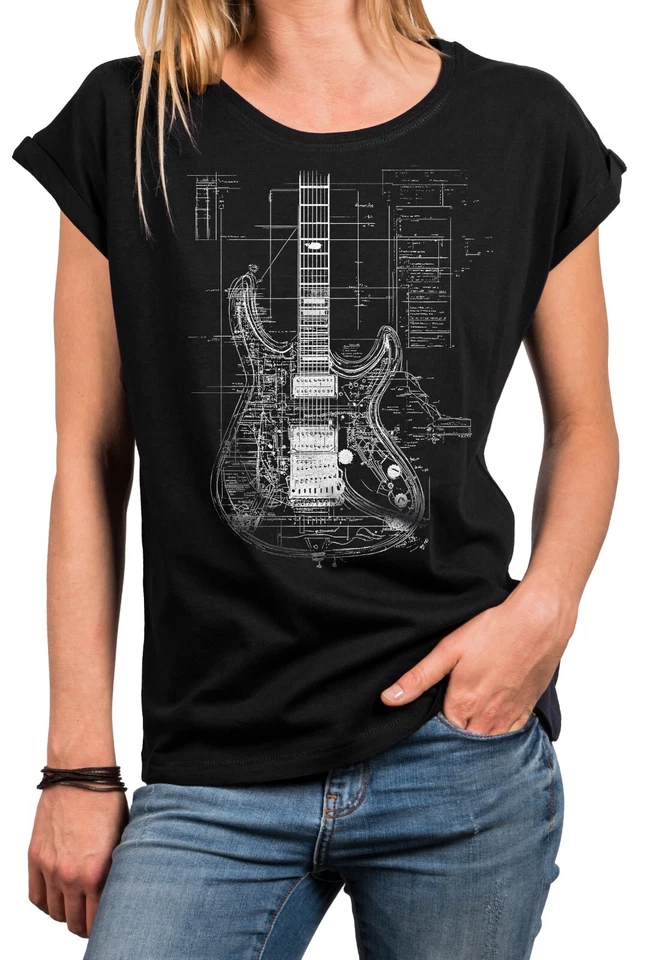Gitarren Shirt Damen Top Frauen Oberteile mit Musik Motiv Oversize Große Größen - Bild 1 von 1