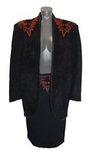 Alamos Brand Vintage 80s Black Suede Red Detail Western Jacket  Skirt Set sz L