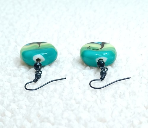 Lampwork Glass Dangle Earrings Blue Green Yellow Black Hardware Dot & Swirl - Picture 20 of 24