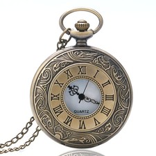 Vintage Style Half Hunter Pocket Watch Bronze White Dial Quartz with Chain Gift