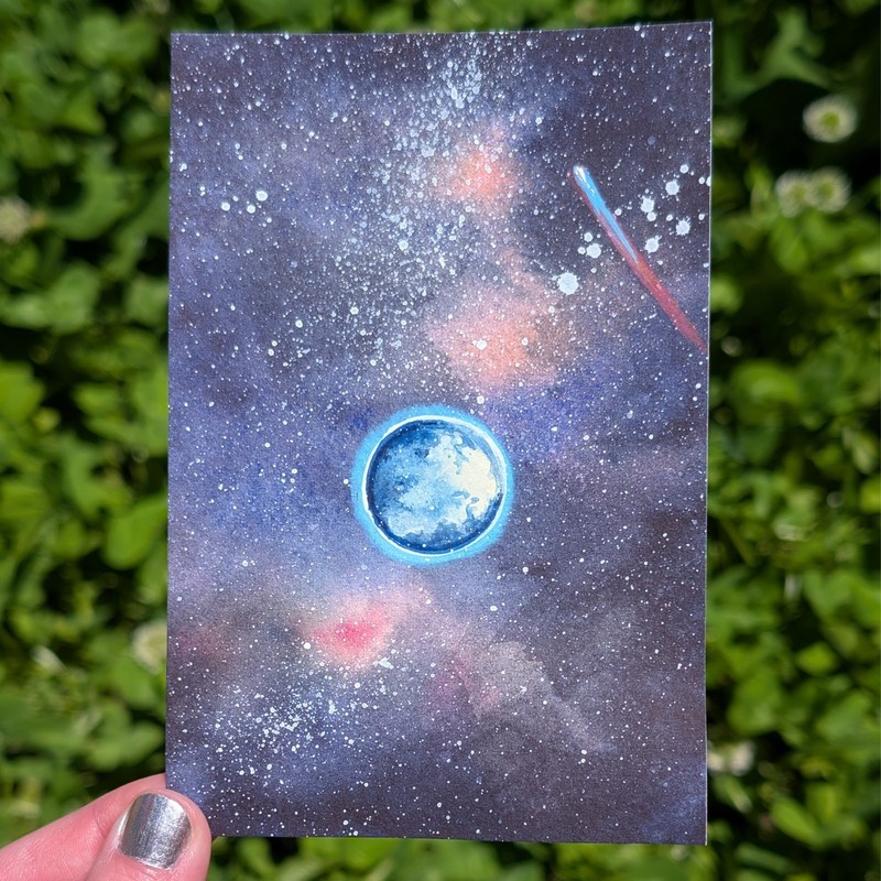 Original Painting, Comet Planet Galaxy Nebula Space Stars Miniature Art 3 x 5