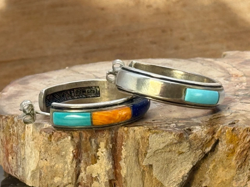 Vintage WJ 30mm Sterling Silver Multi Stone Half Hoop Earrings--2373.25 - Image 2 of 4