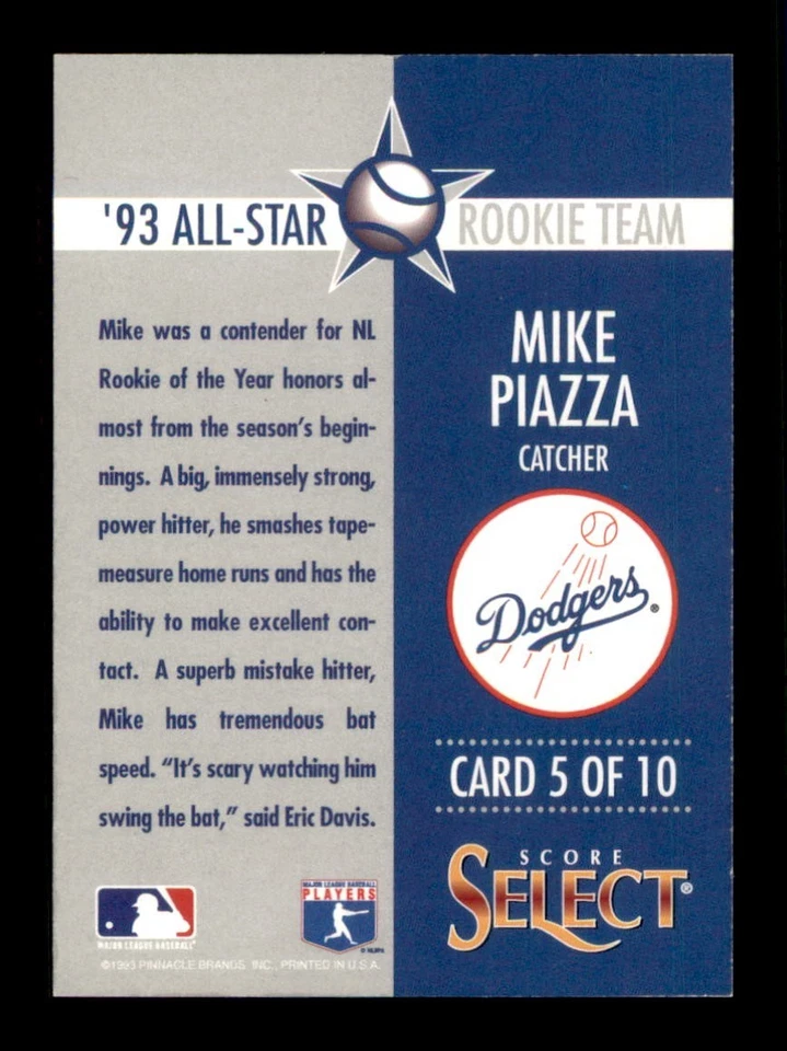 1993 Score Select All-Star Rookie Team # 5 Mike Piazza NM-MT or Better - Image 2 of 2