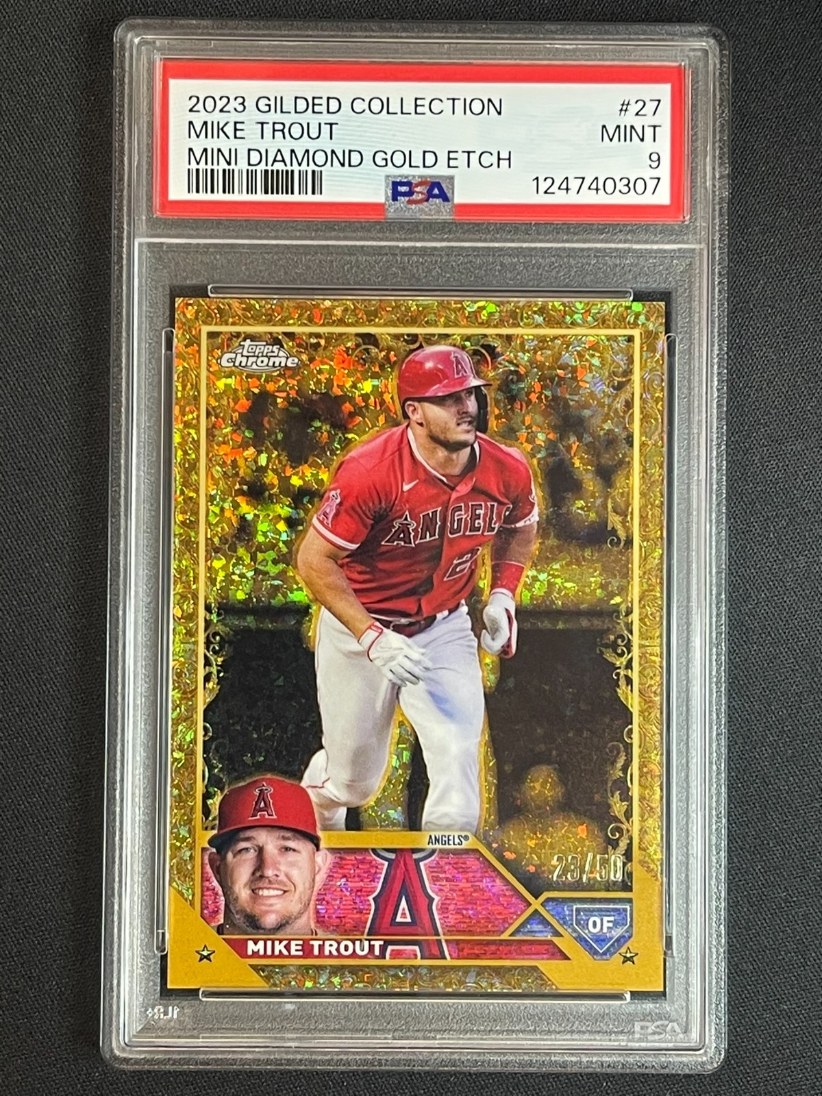 PSA 9 MIKE TROUT /50 GOLD ETCH MINI DIAMOND 2023 TOPPS CHROME GILDED ANGELS #27
