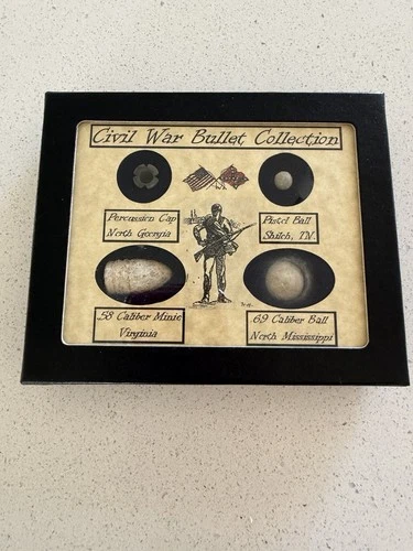 Original Civil War Bullets Relics Collection in Display Case (4 Piece) with COA