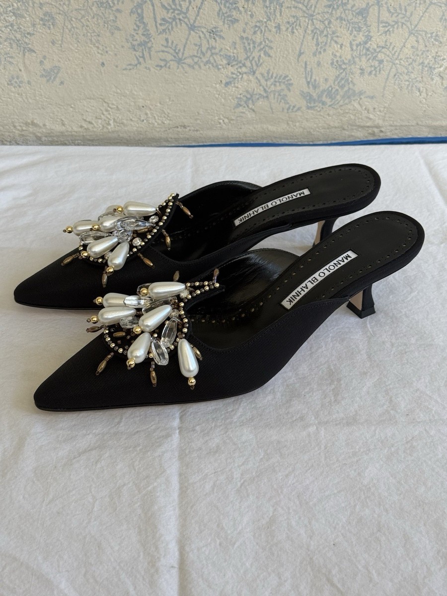 Manolo Blahnik Black Grosgrain Orientalia Pearl Crystal Mules