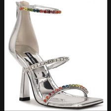 Nine West Vavoom High Heel Sandal Sz 7.5 Silver/Crystals Straps Zip Closure New