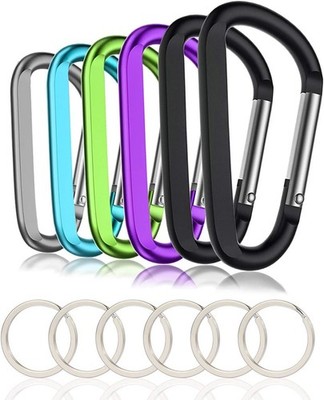 6PCS Black Carabiner D Ring Clip 3'' Aluminum with Keyring Keychain Hook