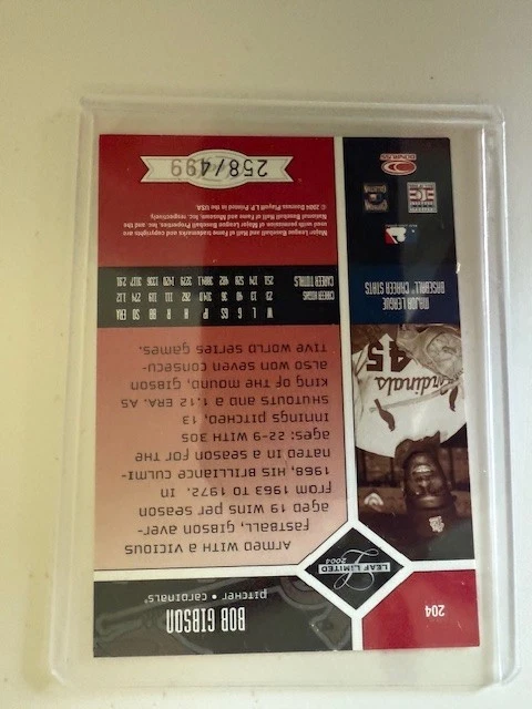 RARE BOB GIBSON #258/499 2004 LEAF LIMITED CARD ST LOUIS CARDINALS MINT - Image 2 of 2