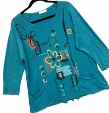 Jess & Jane Abstract Artsy Tunic Top Pockets Boho Oversized Blue Women’s Sz M