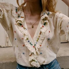 Auth Women's Doen Collar Embroidered Floral Bubble Sleeve Top