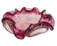 Vtg Murano Cranberry Glass Ashtray w controlled bubbles 6.5"W