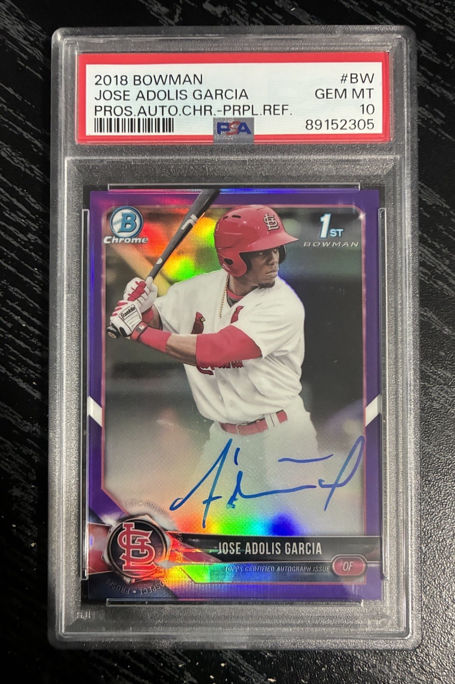 Jose Adolis Garcia 2018 Bowman Chrome Purple Refractor 1st RC Auto /250 PSA 10