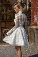 Sheer Illusion High Neck Full Sleeves Lace Applique Short Wedding Dresses Custom