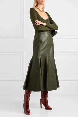 Women's green Real Soft Lambskin Leather Handmade Party Formal skirt