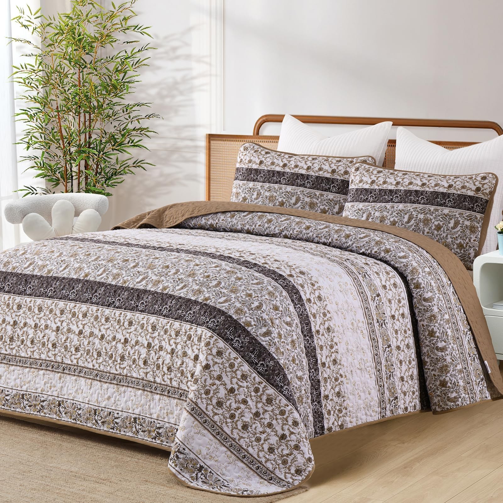 Menghomeus Brown Stripe Paisley Quilt Set King Boho Striped Bedspread Coverle...