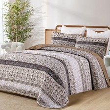 Menghomeus Brown Stripe Paisley Quilt Set King Boho Striped Bedspread Coverle...