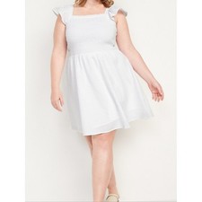 old navy seersucker smocked flutter sleeve mini dress xl white soft coastal