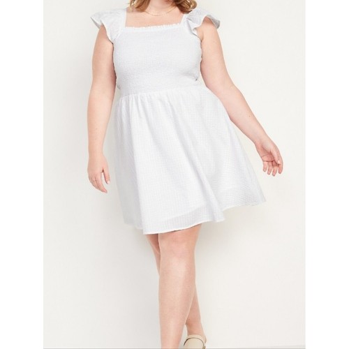 old navy seersucker smocked flutter sleeve mini dress xl white soft coastal