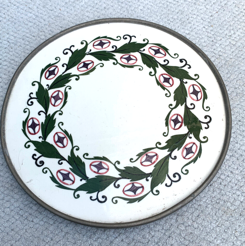 Vintage Round Art Nouveau TEAPOT STAND with Green Leaf Border & Metal Band