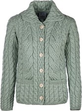 Ladies 6 Button Cable Merino Wool Cardigan By Aran Mills - Sage Green