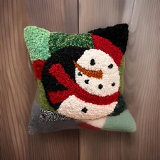 Snowman Hooked Wool Christmas Holiday Throw Pillow 8" Square Accent