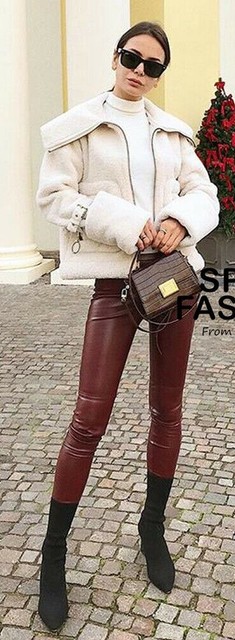 Faux Leather Leggings Zippers Hem Waist 