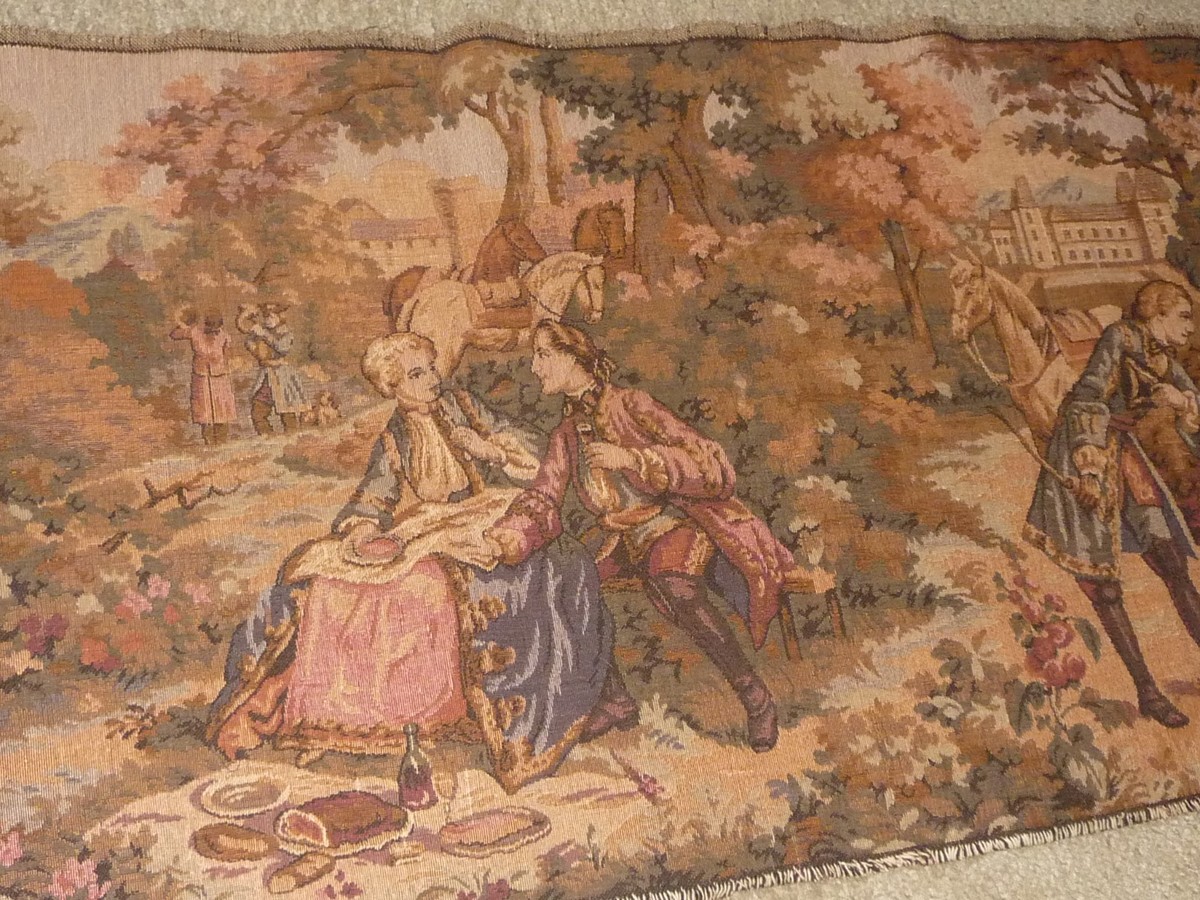 77XX vtg TAPESTRY 58'' l x 20'' w wall hanger MAN WOMEN DOG HORSE